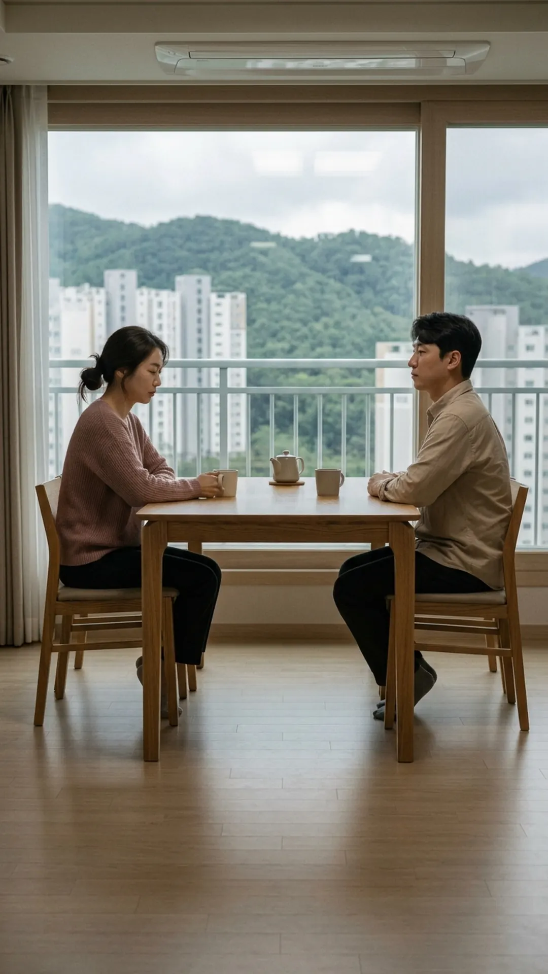 거실 식탁에 마주 앉아 이야기를 나누는 부부 — 연출 이미지