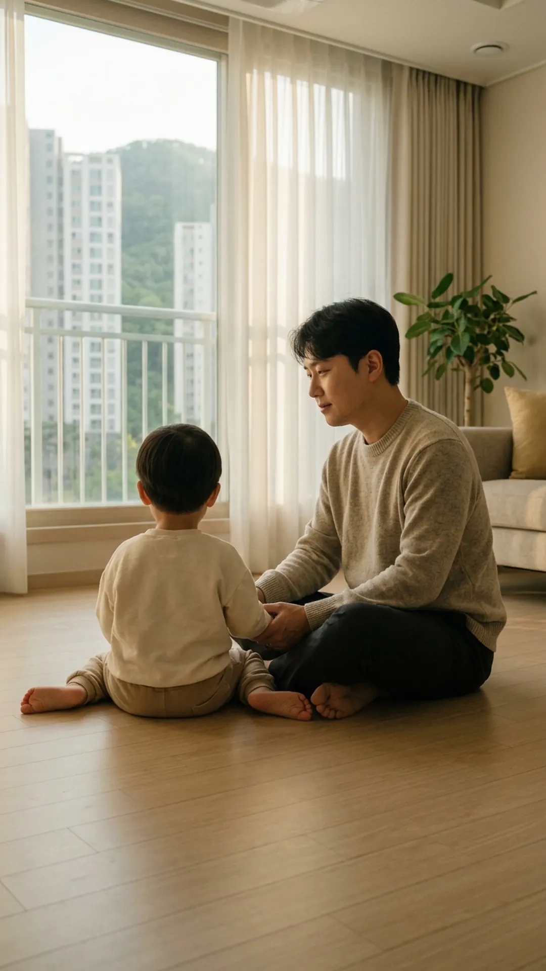 거실 바닥에서 아이와 마주 앉아 대화하는 부모 — 연출 이미지