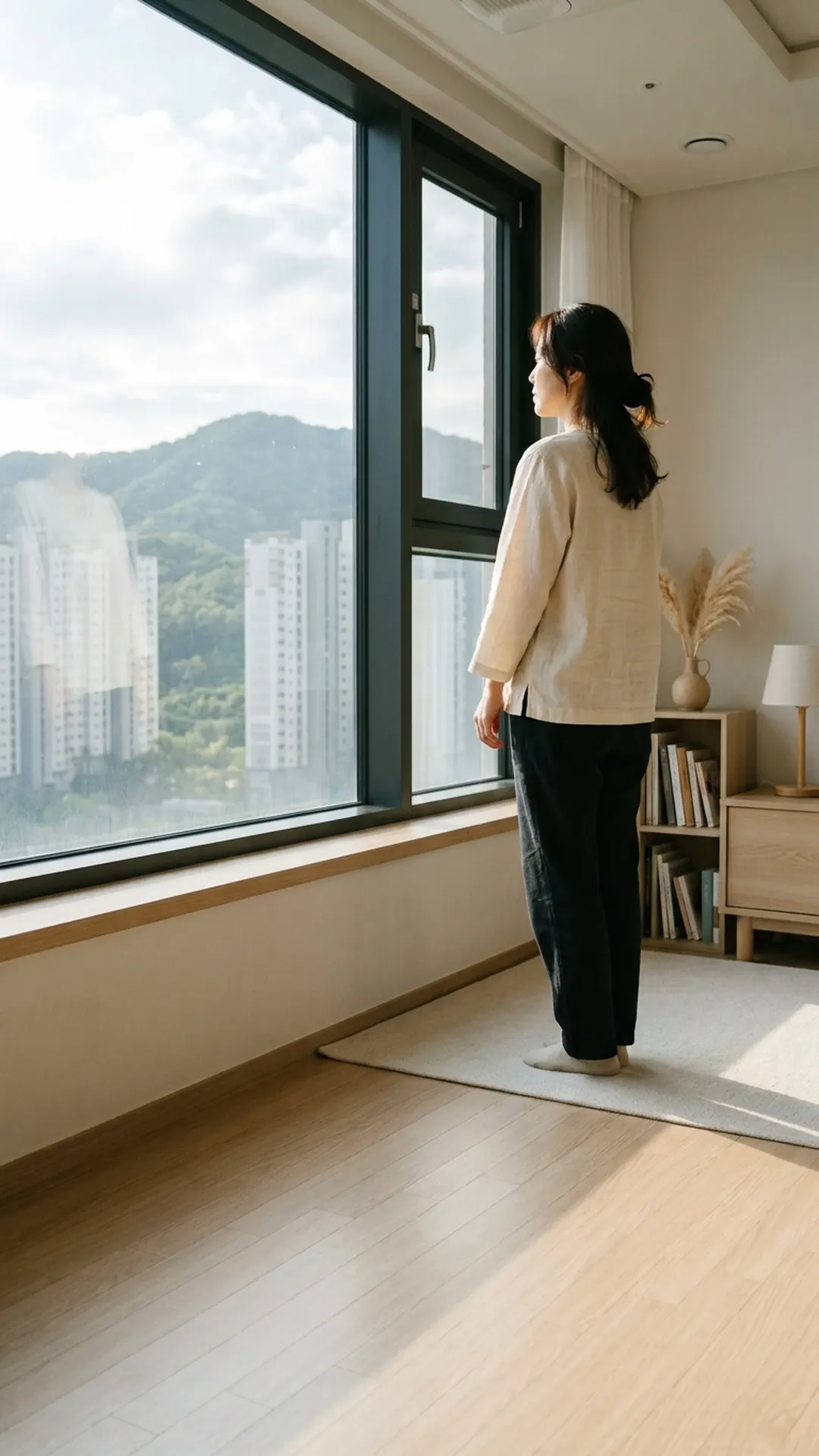 창가에 서서 생각에 잠긴 여성 — 연출 이미지